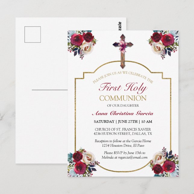 Carte Postale Élégant Rose Floral Gold First Holy Communion (Devant / Derrière)