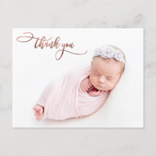 Carte Postale Élégant Rose Gold Script Nouveau Merci photo bébé