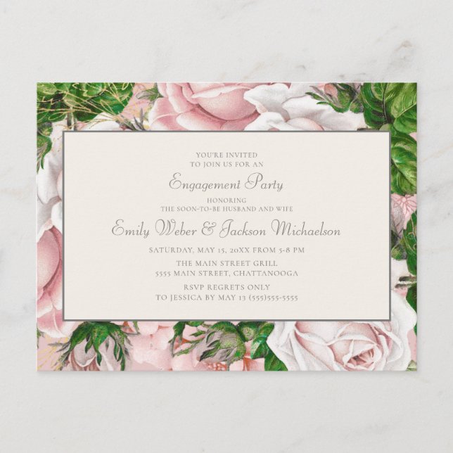 Carte Postale Élégant rose pâle, floral et Fiançailles de crème (Devant)