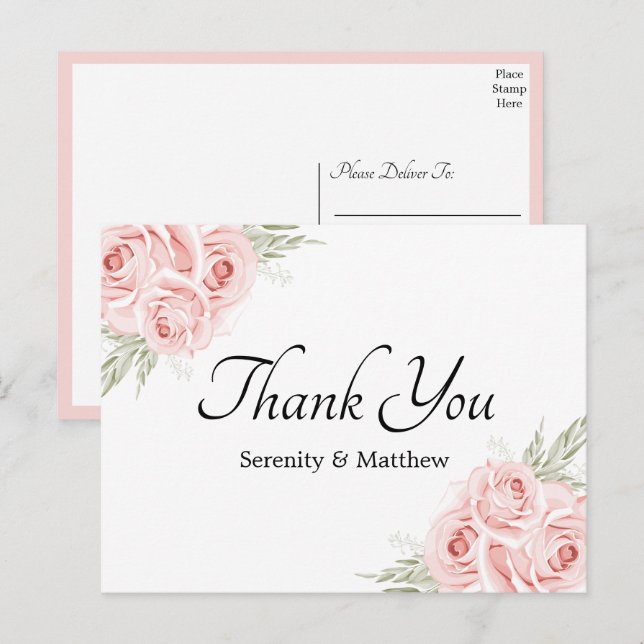 Carte Postale Élégant Rose rose Mariage Merci (Devant / Derrière)