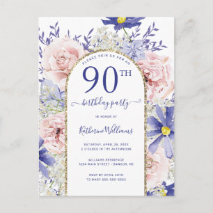 Carte Postale Elégant rose violet 90e anniversaire de fête Invit