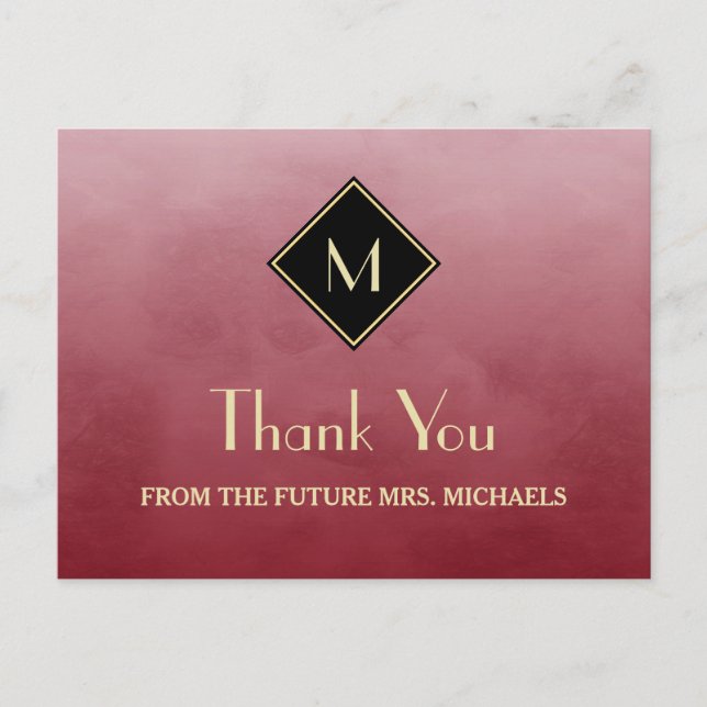 Carte Postale Élégant Rouge Simple Avec Monogramme Or Merci (Devant)