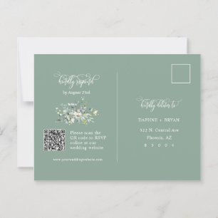 Carte Postale Elegant Sage Green Feuilles QR Code Adresse RSVP
