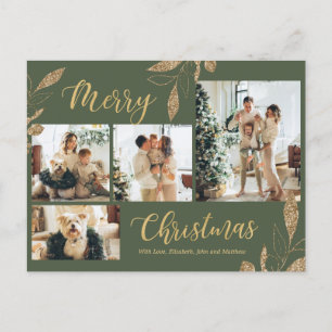 Carte Postale Elégant Sage Green Gold Photo Collage Noël