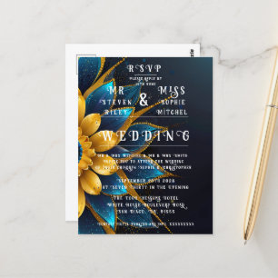 Carte Postale Élégant Sapphire et Mariage Floral Or