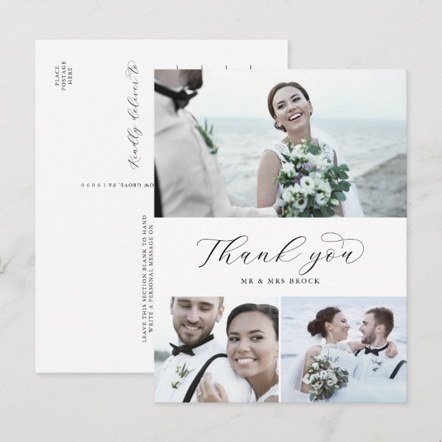 Carte Postale Élégant Script 3 Photo Collage Mariage Remerciemen (Devant / Derrière)