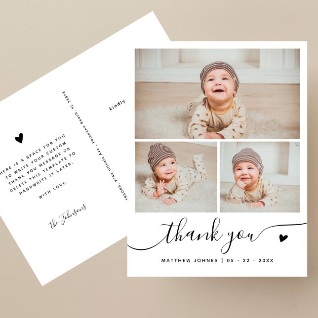 Carte Postale Élégant Script 3 Photo Collage Merci bébé (Créateur téléchargé)