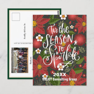 Carte Postale Élégant Script Red Poinsettia Green Photo Business