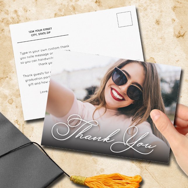 Carte Postale Elegant Script Thank You Photo Graduation (Graduation thank you postcards with your photo on the front and your message on the back)