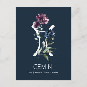 Carte Postale Élégant signe floral Zodiac Star Gemini