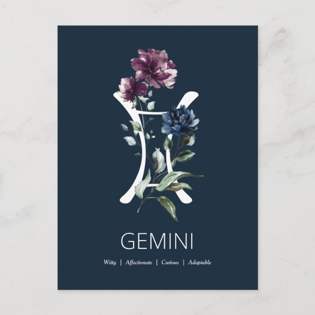 Carte Postale Élégant signe floral Zodiac Star Gemini (Devant)