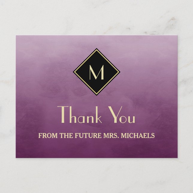 Carte Postale Élégant Simple Violet Avec Merci Monogramme Or (Devant)