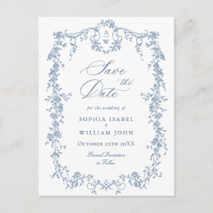 Carte Postale Élégant Toile de Jouy Bleu Français Mariage Enregi