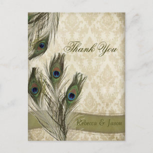 Carte Postale élégant vintage damask paon mariage merci