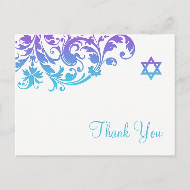 Carte Postale Élégant violet Turquoise fleuri Bat mitzvah Merci (Devant)