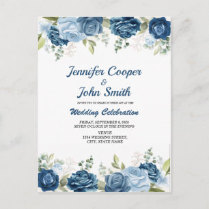 Carte Postale Elégante aquarelle bleu Rose Mariage floral