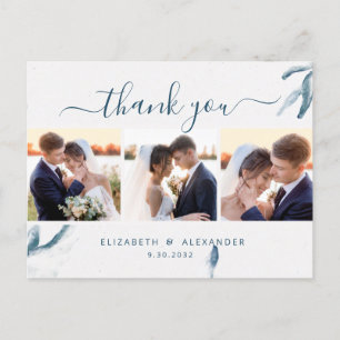 Carte Postale Elégante aquarelle bleue mariage 3 photo merci
