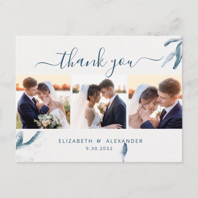 Carte Postale Elégante aquarelle bleue mariage 3 photo merci (Devant)