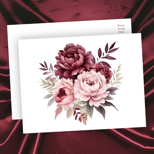 Carte Postale Elégante aquarelle florale Burgundy Peony Mariage (Créateur téléchargé)