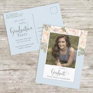 Carte Postale Elégante aquarelle graduée Floral Chic Bleu clair