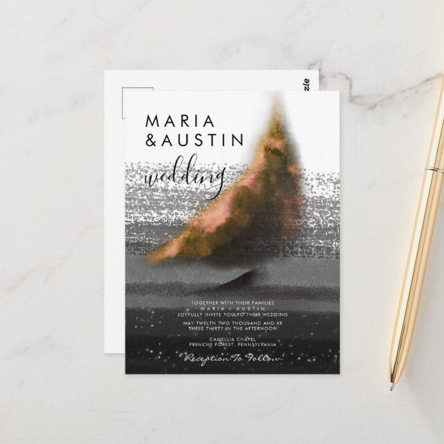 Carte Postale Elégante aquarelle mer bateau à voile Mariage noir (Devant/Arrière en situation)