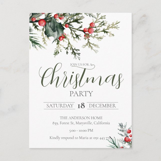 Carte Postale Elégante aquarelle Noël Fête Invitation (Devant)