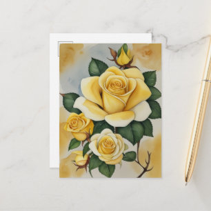 Carte Postale Elégante aquarelle Roses Jaunes