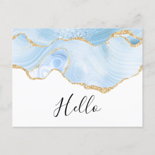 Carte Postale Elégante Bleu et Or Bordure d'Agate Bonjour