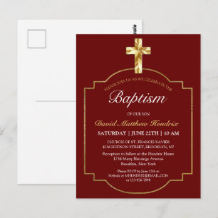 Carte Postale Elégante Bourgogne Golden Cross Boys Baptism Invit