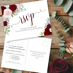 Carte Postale Elégante Bourgogne rouge Aquarelle Rose Mariage RS