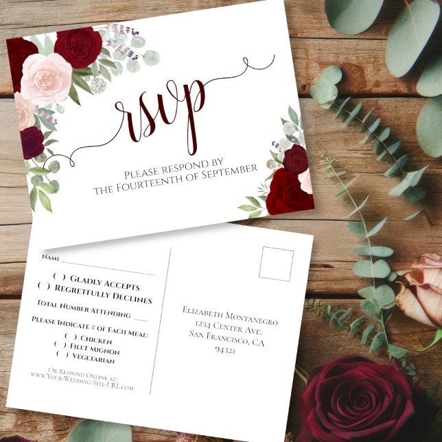 Carte Postale Elégante Bourgogne rouge Aquarelle Rose Mariage RS (Front/Back)