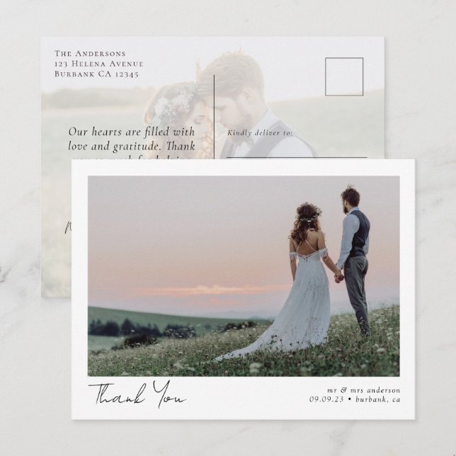 Carte Postale Élégante calligraphie Mariage photo Merci (Devant / Derrière)
