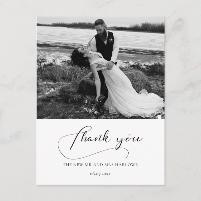Carte Postale Elégante calligraphie mariage photo merci (Devant)