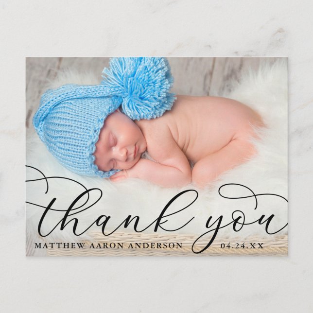 Carte Postale Élégante calligraphie moderne Nouveau Merci bébé B (Devant)