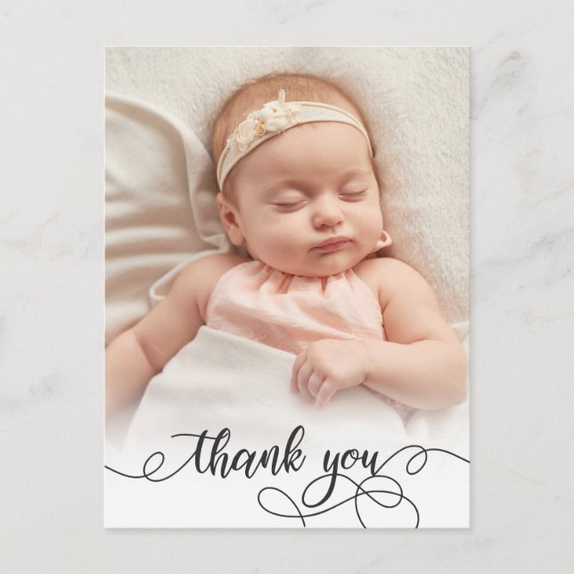 Carte Postale Élégante calligraphie Nouveau-né Baby Photo Merci (Devant)