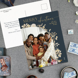 Carte Postale Élégante calligraphie or Noël bleu
