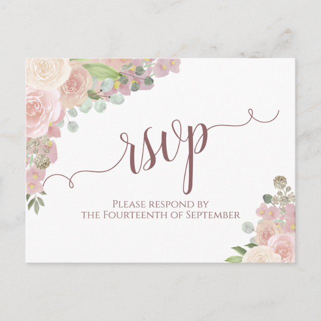 Carte Postale Elégante couleur rose pâle Aquarelle Florale Maria (Devant)