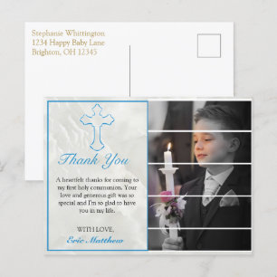 Carte Postale Elégante Croix Bleue Sainte Communion Merci photo