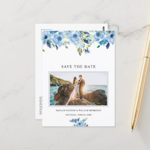 Carte Postale Elégante Dusty Blue Floral Enregistrer la date Car
