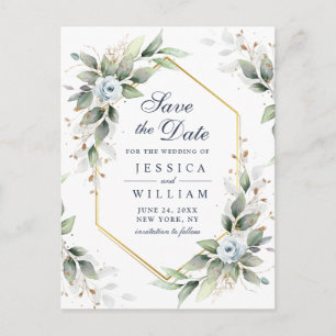 Carte Postale Elégante Dusty Blue Greenery Mariage Enregistrer l