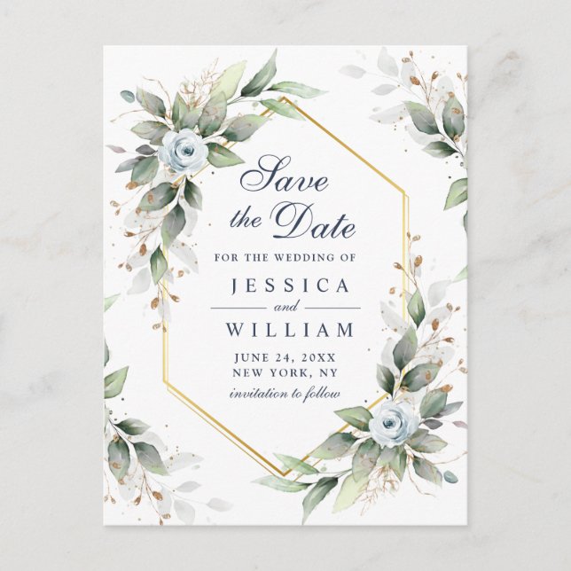 Carte Postale Elégante Dusty Blue Greenery Mariage Enregistrer l (Devant)
