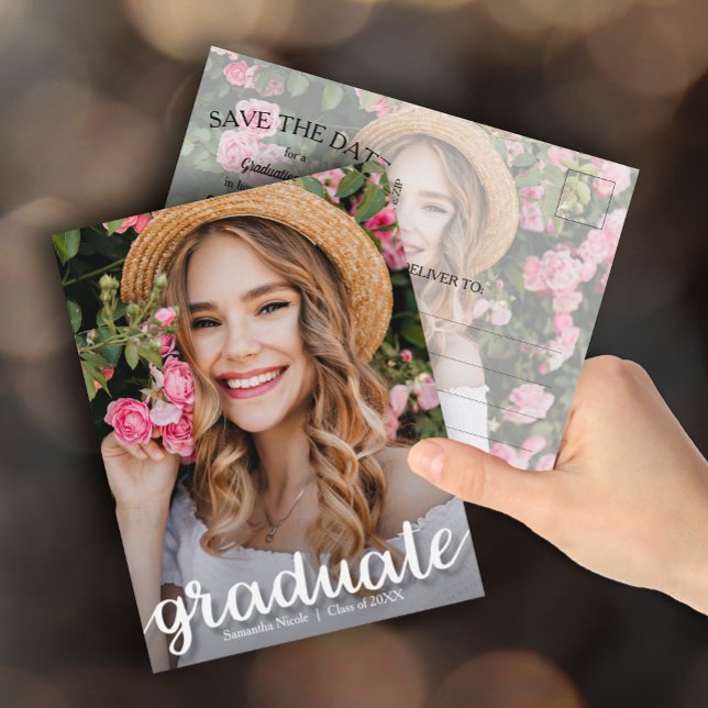 Carte Postale Élégante Graduation de script ENREGISTRER LA DATE (Photo graduation Save the Date postcards feature your details on the back)