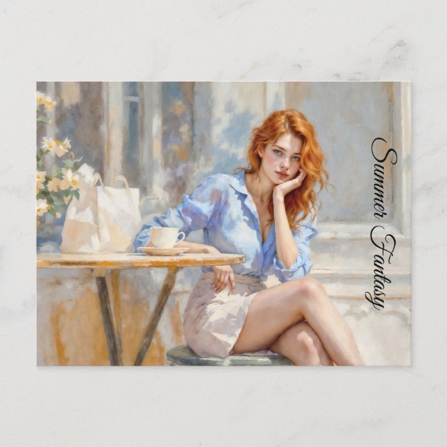 Carte Postale Elégante jeune femme en bleu et blanc dans un café (Devant)