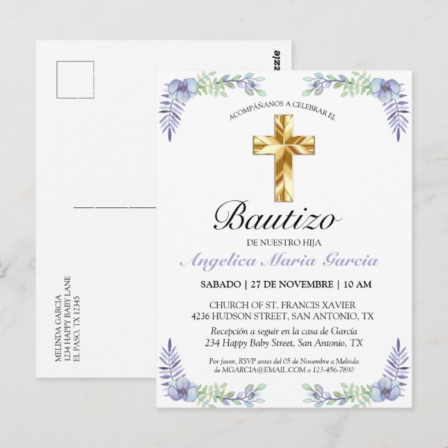 Carte Postale Elegante Lavanda Cruz De Oro Bautizo Bebé Invitati (Devant / Derrière)