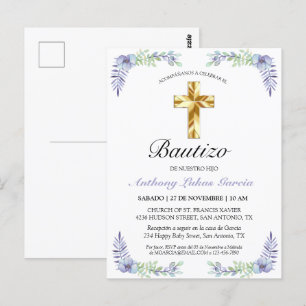 Carte Postale Elegante Lavanda Cruz De Oro Bautizo Invitación