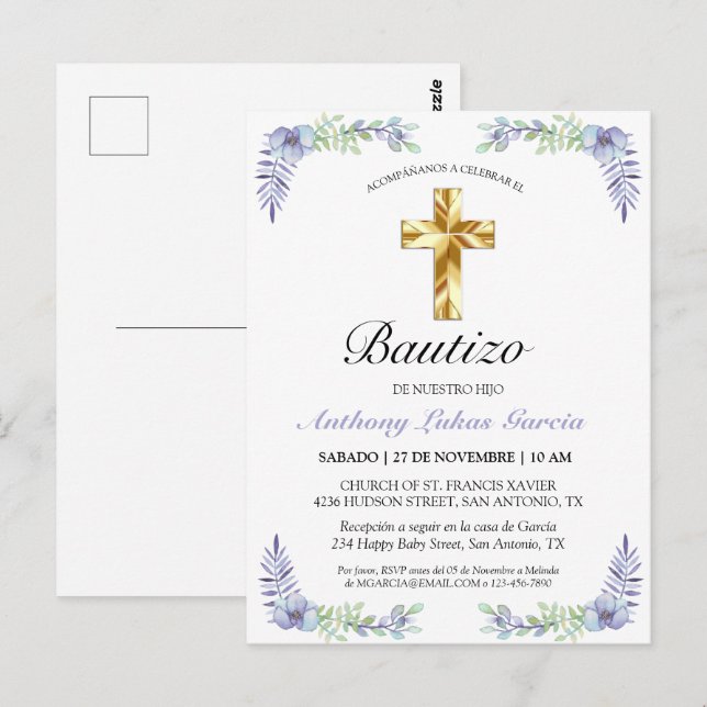 Carte Postale Elegante Lavanda Cruz De Oro Bautizo Invitación (Devant / Derrière)