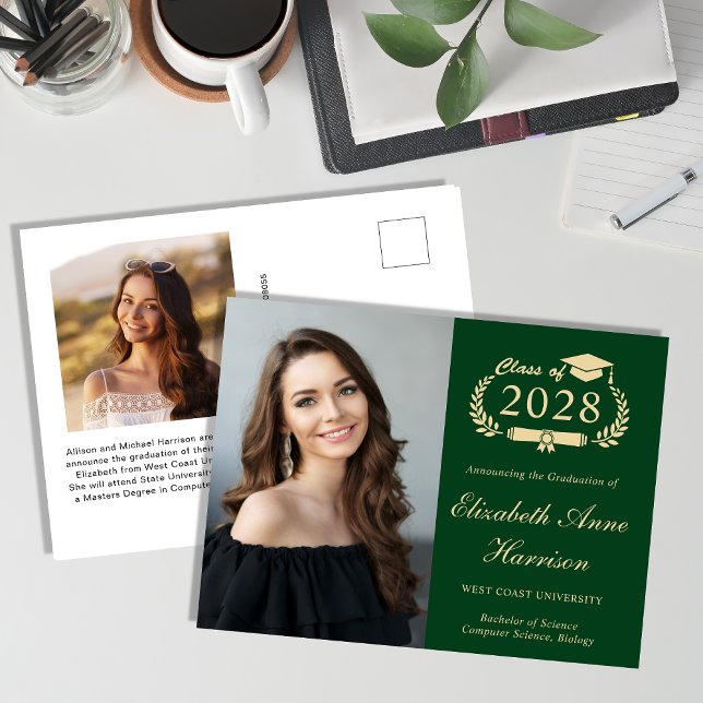 Carte Postale Élégante photo Green Graduation (Our user-friendly template makes it a breeze to upload your photo and personalize your announcement)