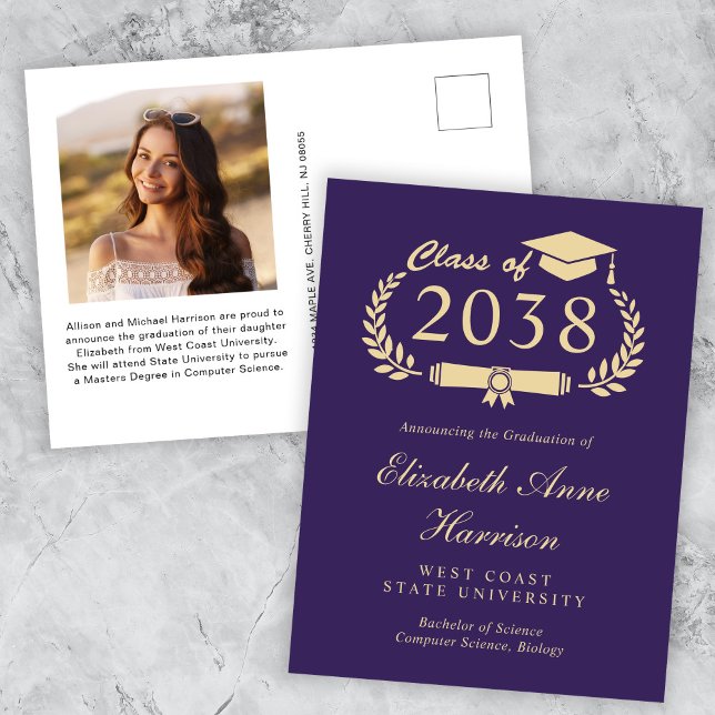 Carte Postale Élégante Photo Purple Gold Faire-part (An elegant college graduation announcement to celebrate the graduate's achievements)