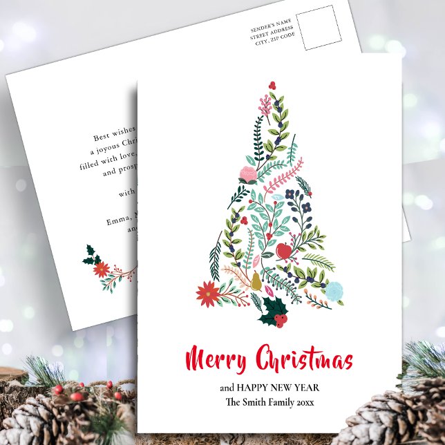 Carte Postale Élégante Poinsététie Rouge Pin Floral Noël (Créateur téléchargé)