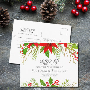 Carte Postale Élégante réponse de mariage de Noël à fleurs rouge